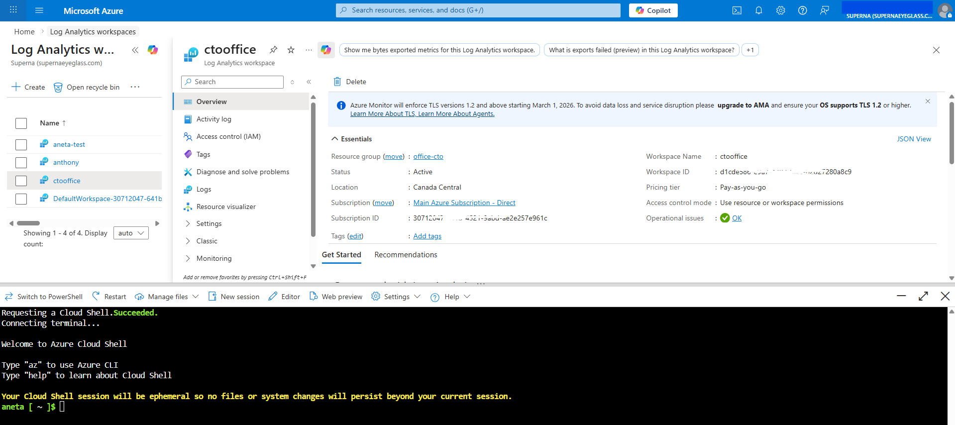 Log Analytics workspace overview showing the Workspace ID