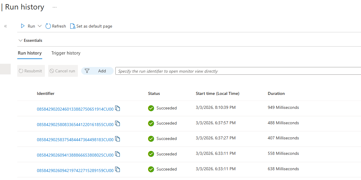 Logic App run history showing successful webhook executions