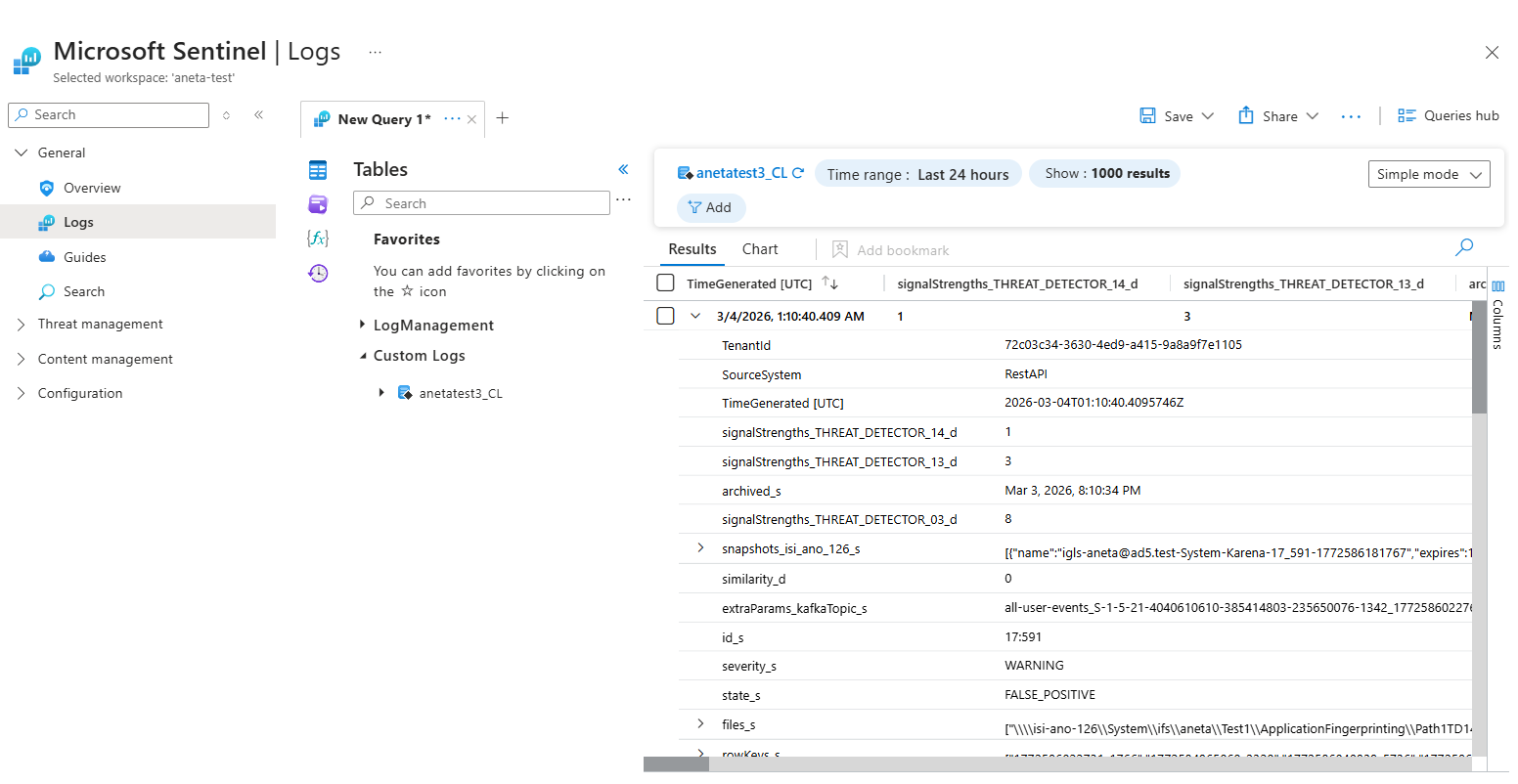 Expanded Sentinel event showing the full alert payload