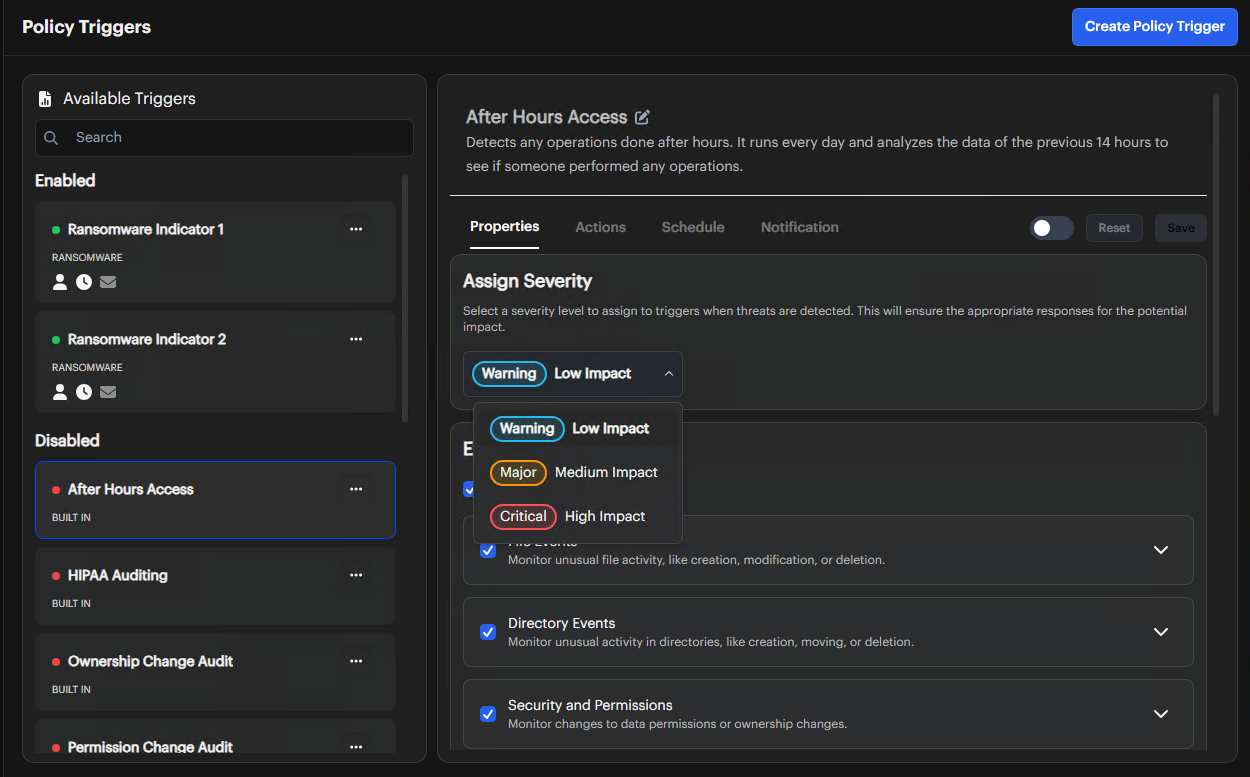 Policy Triggers Configuration with Severity Levels