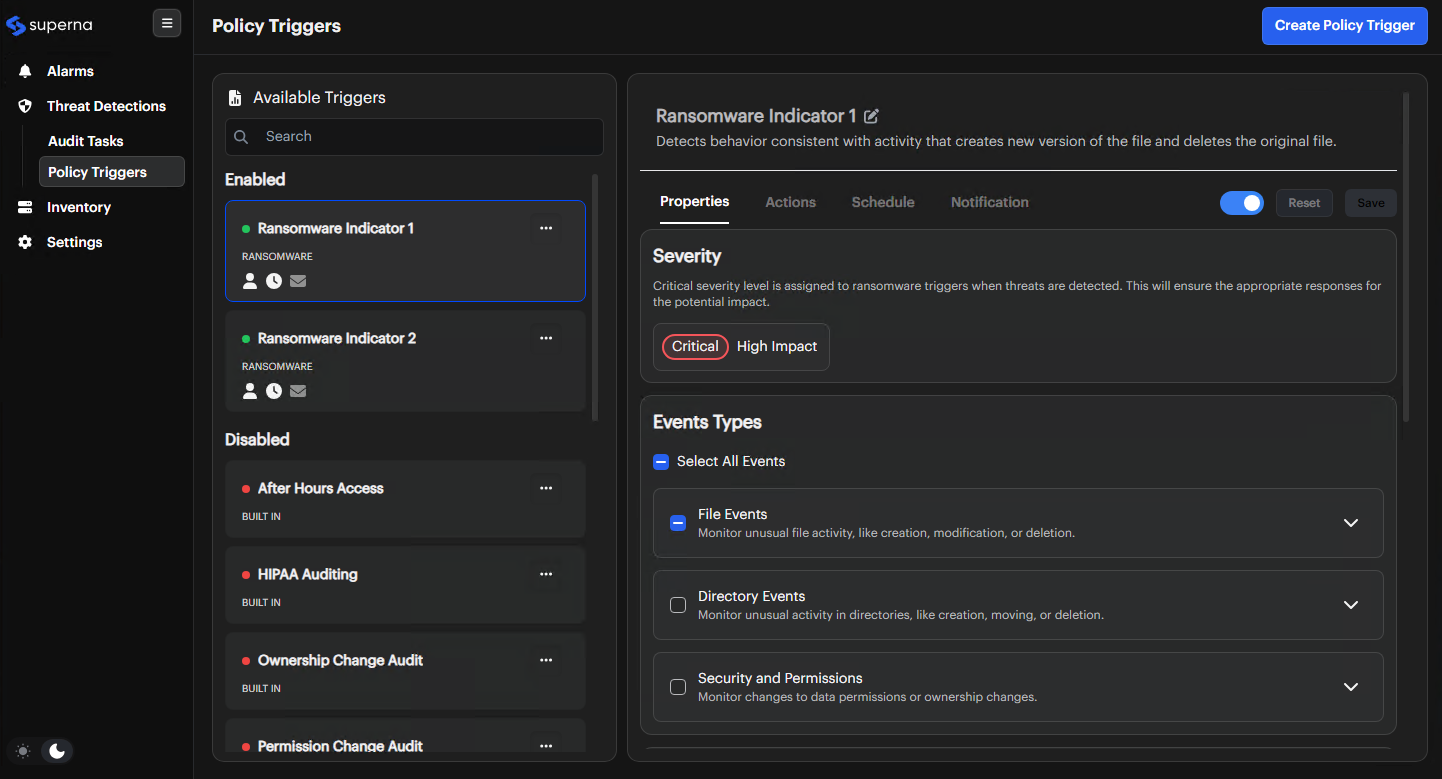 Policy Triggers Management with Event Types and Actions