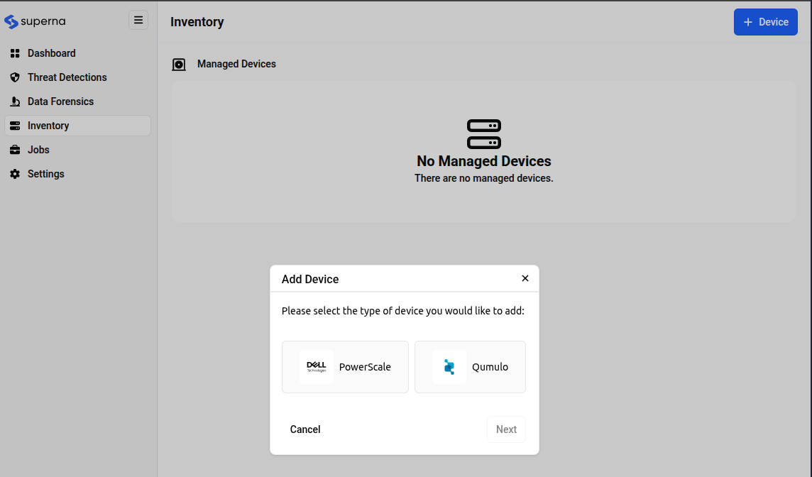Device type selection dialog