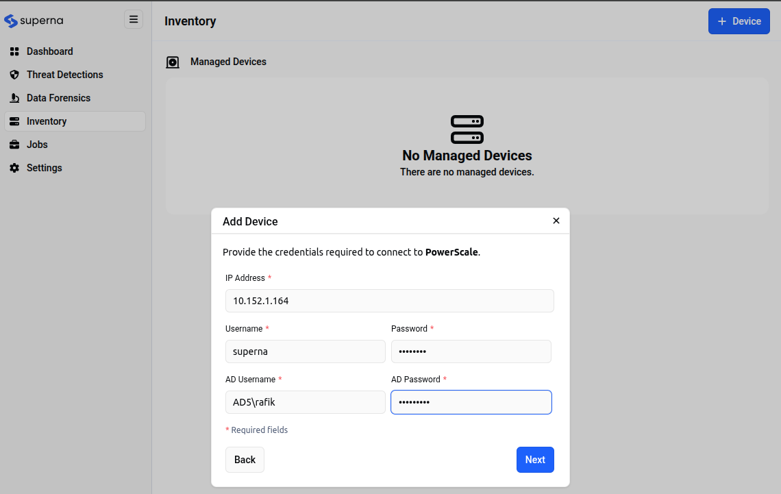 PowerScale credentials form