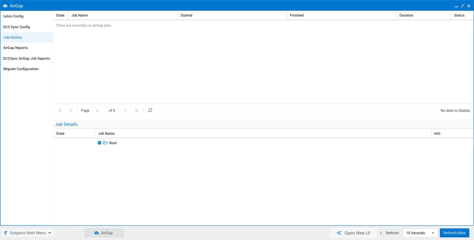 Legacy AirGap Job History tab, showing an empty Jobs table with State, Job Name, Started, Finished, Duration, and Status columns, and an empty Job Details tree below it