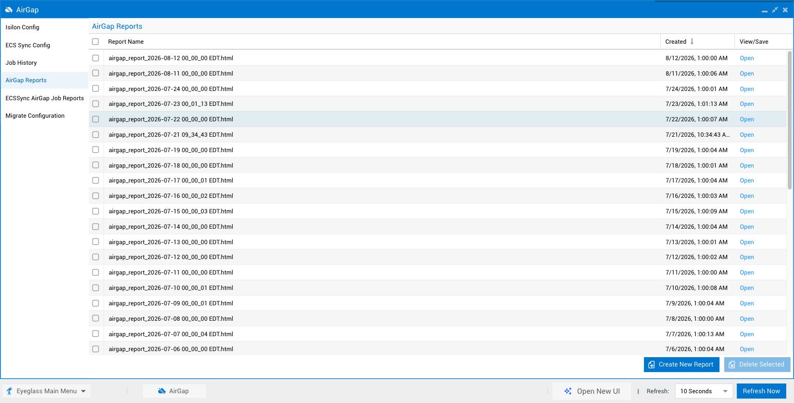 Legacy AirGap Reports tab, showing a table of dated airgap_report html files with Open links