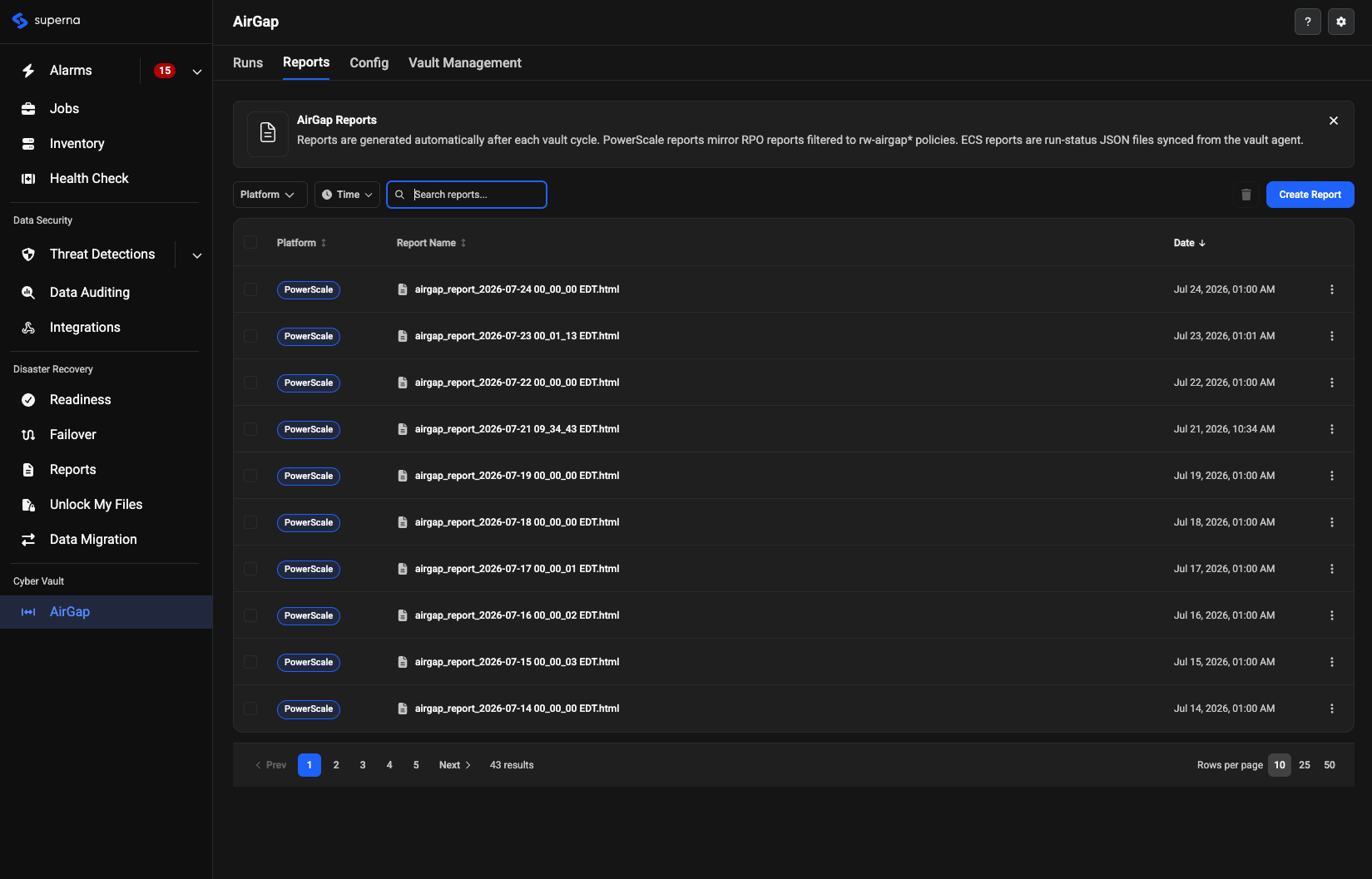 Redesigned AirGap Reports tab showing a list of dated report files such as airgap_report_2026-07-24 00_00_00 EDT.html, all tagged PowerScale, with 43 total results across 5 pages, and Platform, Time, and search filters above the table