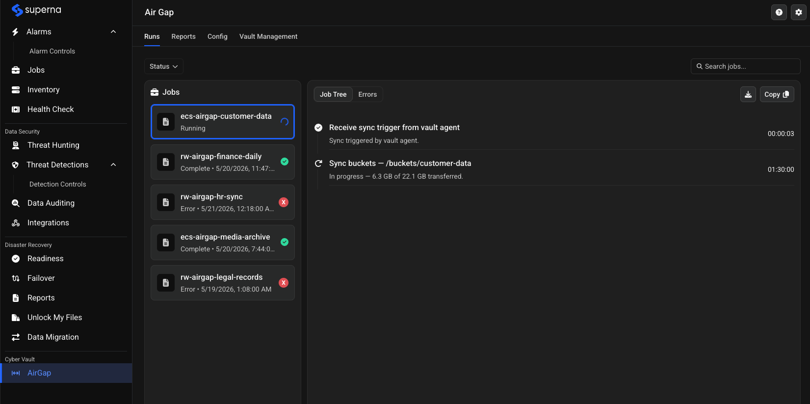 Redesigned AirGap Runs tab showing a Jobs list with entries such as ecs-airgap-customer-data (Running), rw-airgap-finance-daily (Complete), rw-airgap-hr-sync (Error), and a Job Tree detail panel on the right showing step-by-step progress for the selected job