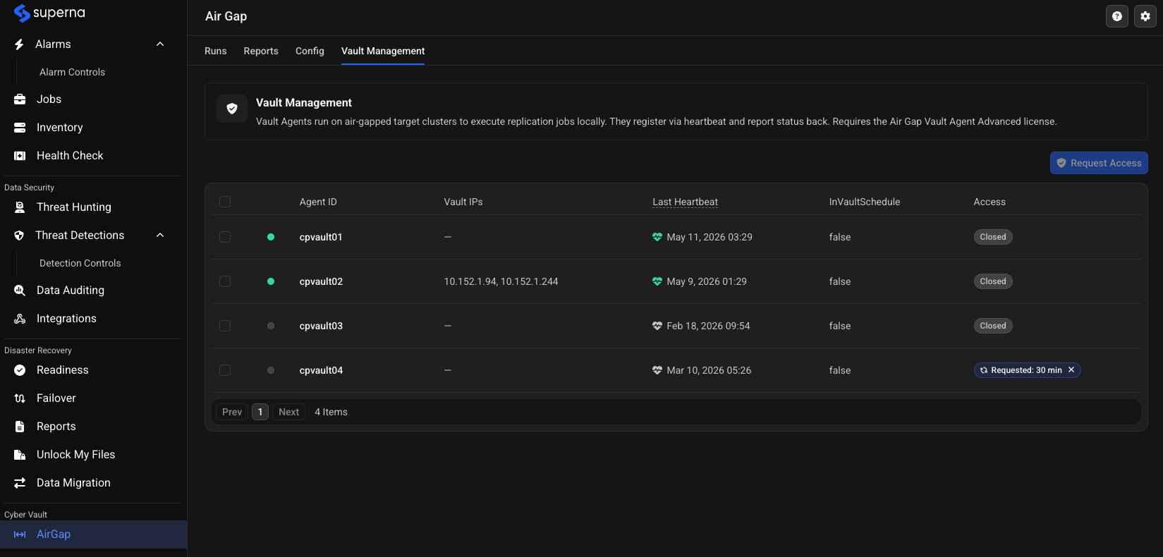 AirGap Vault Management tab showing a table of Vault Agents (cpvault01 through cpvault04) with Agent ID, Vault IPs, Last Heartbeat, InVaultSchedule, and Access columns, and a Request Access button