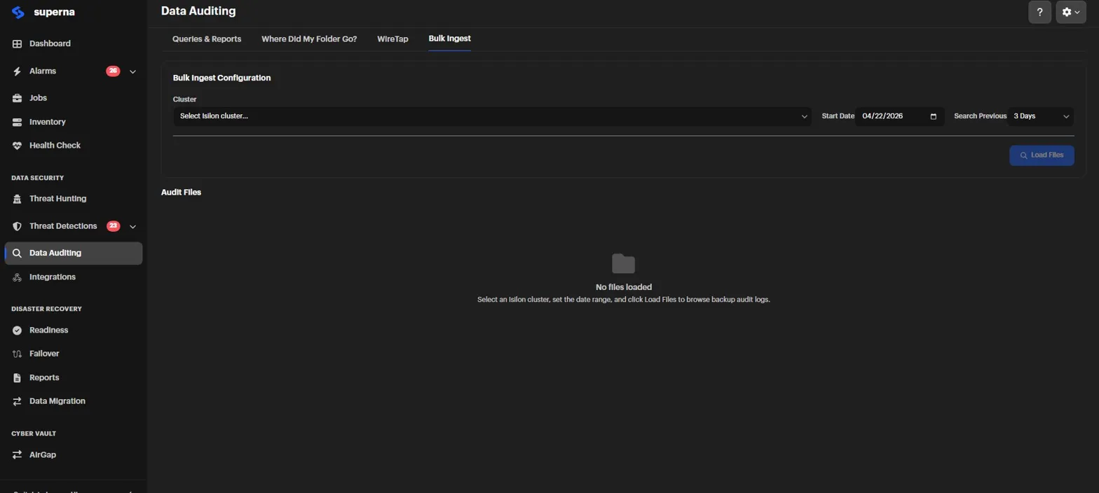 Redesigned Data Auditing page, Bulk Ingest tab, showing a Bulk Ingest Configuration form with Cluster selector, Start Date, and Search Previous fields, a Load Files button, and an empty Audit Files results area