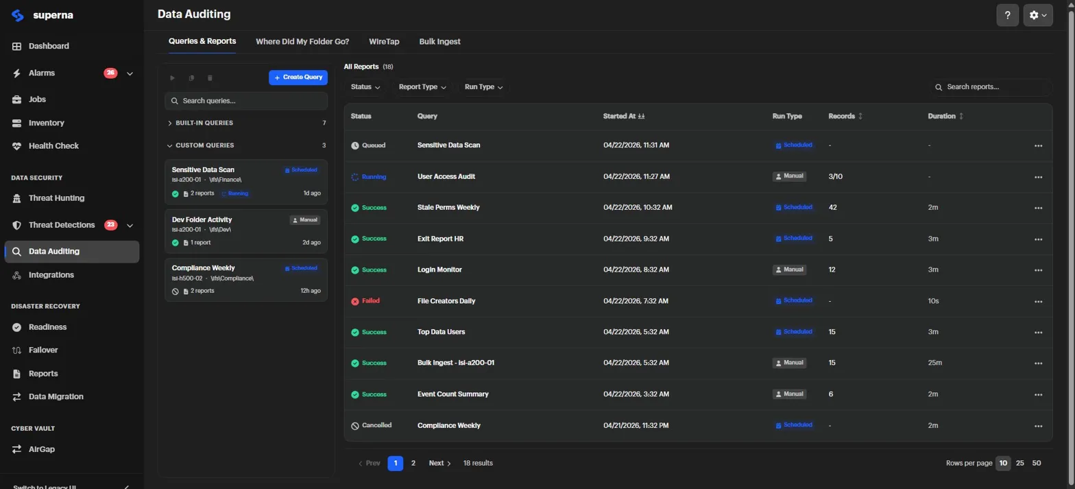 Redesigned Data Auditing page, Queries & Reports tab, showing the Built-in and Custom Queries panel and the report run history table