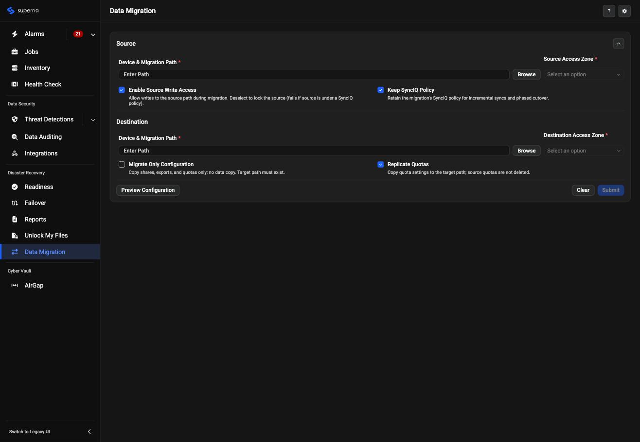 Redesigned Data Migration page, showing the consolidated left-hand navigation and the same migration fields reorganized into Source and Destination sections with helper text