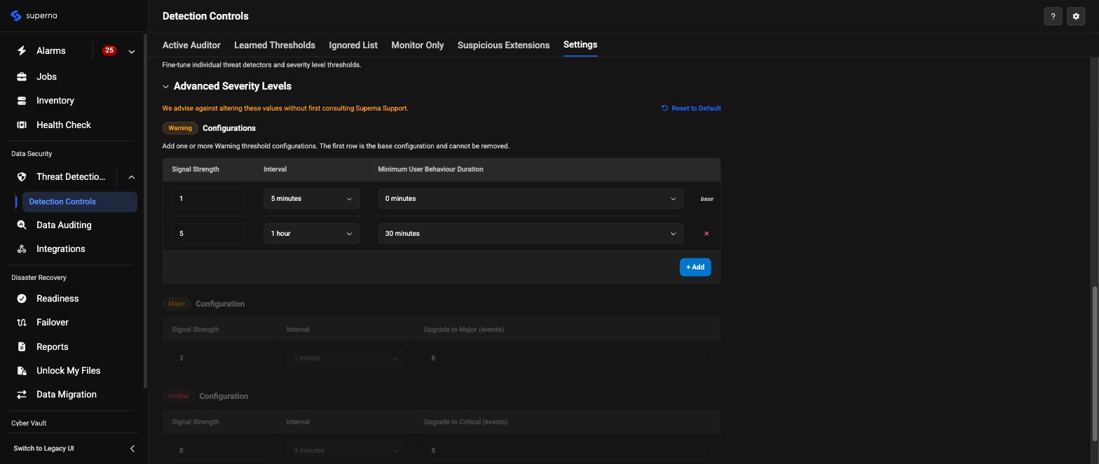 Redesigned Detection Controls page, Settings tab, expanded Advanced Severity Levels section showing Warning, Major, and Critical Configuration tables
