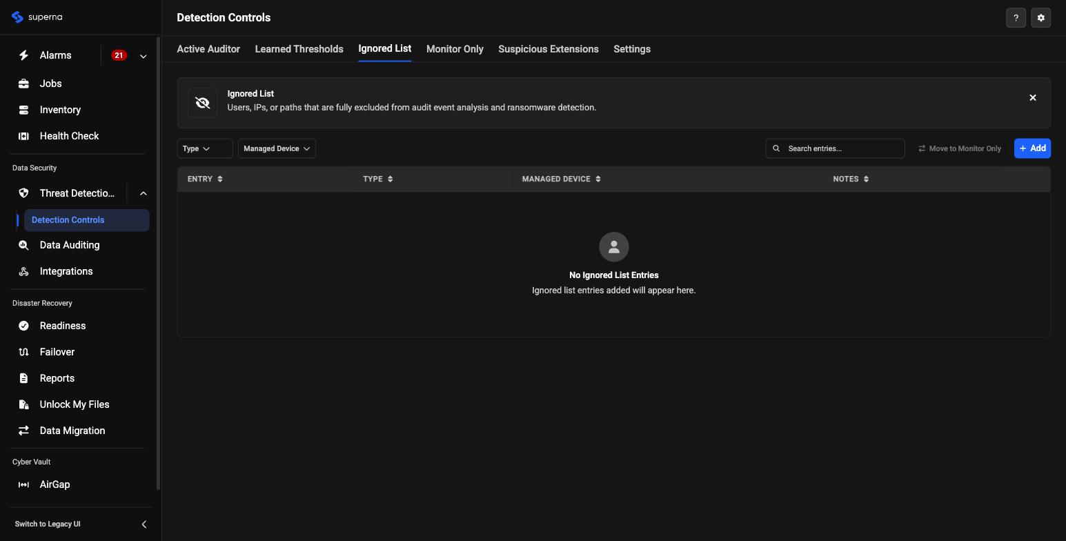Redesigned Detection Controls page, Ignored List tab, showing entry Type, Managed Device, and Notes columns with an Add button