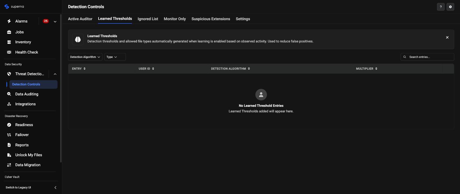 Redesigned Detection Controls page, Learned Thresholds tab, showing an empty table with Entry, User ID, Detection Algorithm, and Multiplier columns