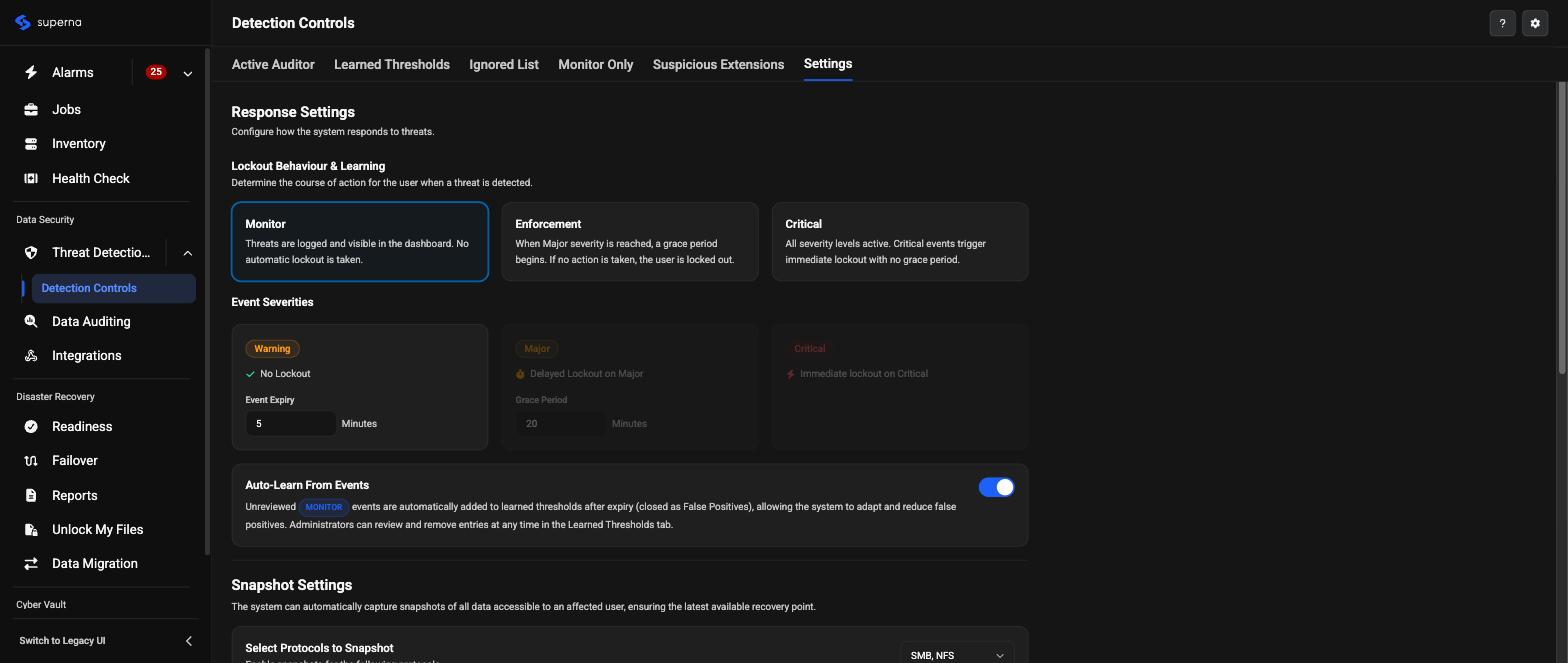 Redesigned Detection Controls page, Settings tab, Response Settings section showing Lockout Behavior & Learning cards for Monitor, Enforcement, and Critical modes, Event Severities cards for Warning, Major, and Critical with Event Expiry, and an Auto-Learn From Events toggle