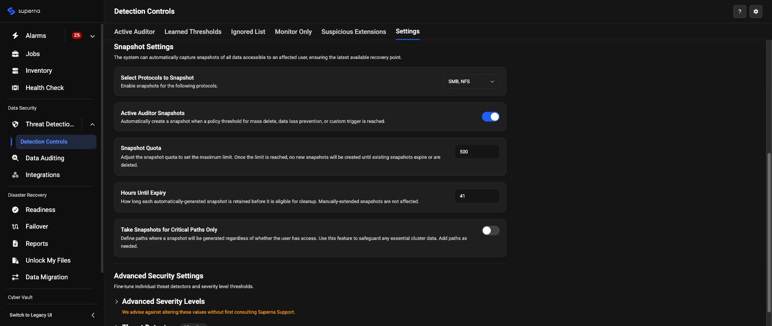 Redesigned Detection Controls page, Settings tab, Snapshot Settings section showing protocol selection, Active Auditor Snapshots, Snapshot Quota, Hours Until Expiry, and the Take Snapshots for Critical Paths Only toggle