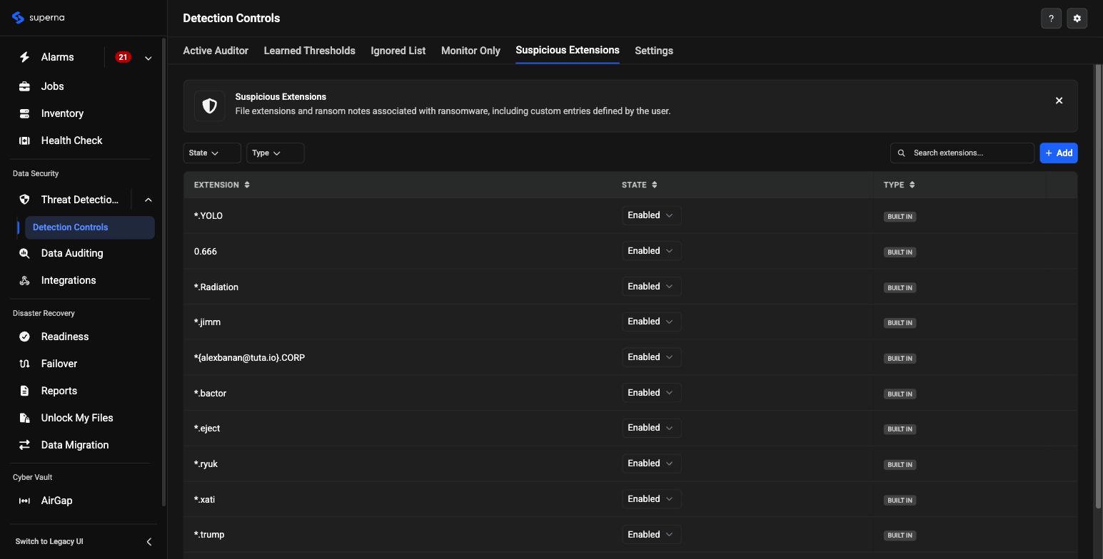 Redesigned Detection Controls page, Suspicious Extensions tab, showing a table of file extensions (e.g. YOLO, Radiation, ryuk) with State and Type columns
