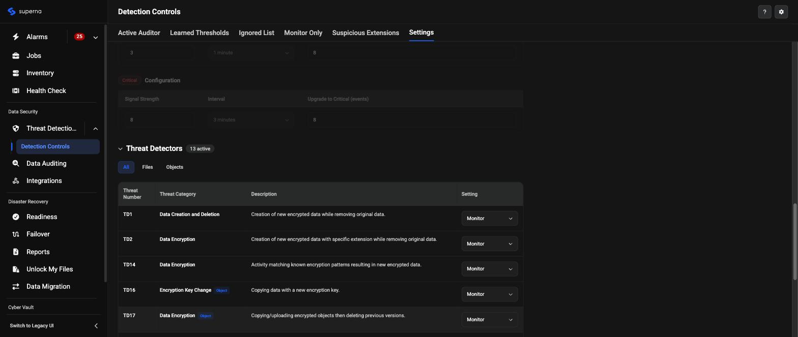 Redesigned Detection Controls page, Settings tab, expanded Threat Detectors list showing Threat Category, Description, and Setting columns