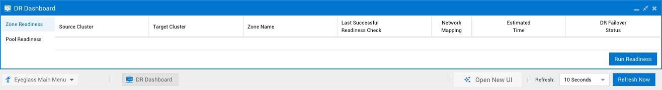 Legacy DR Dashboard window, Zone Readiness tab, showing an empty Source Cluster/Target Cluster/Zone Name/Last Successful Readiness Check/Network Mapping/Estimated Time/DR Failover Status table, a left-hand menu with Zone Readiness, Pool Readiness, DFS Readiness, Policy Readiness, and LiveOps DR Testing, and a Run Readiness button