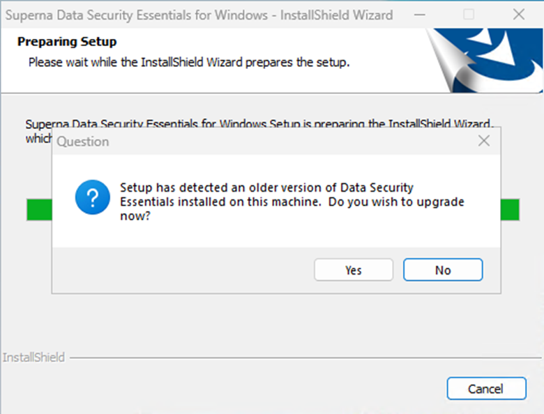 Data Security Essentials upgrade confirmation dialog