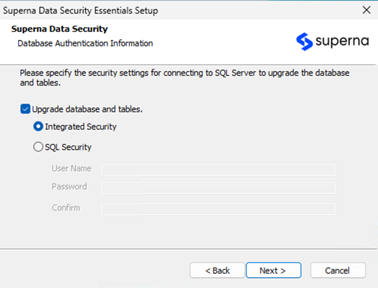 Database upgrade configuration dialog