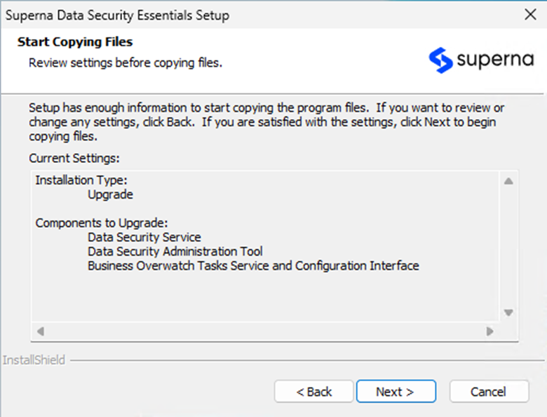 Installation summary dialog