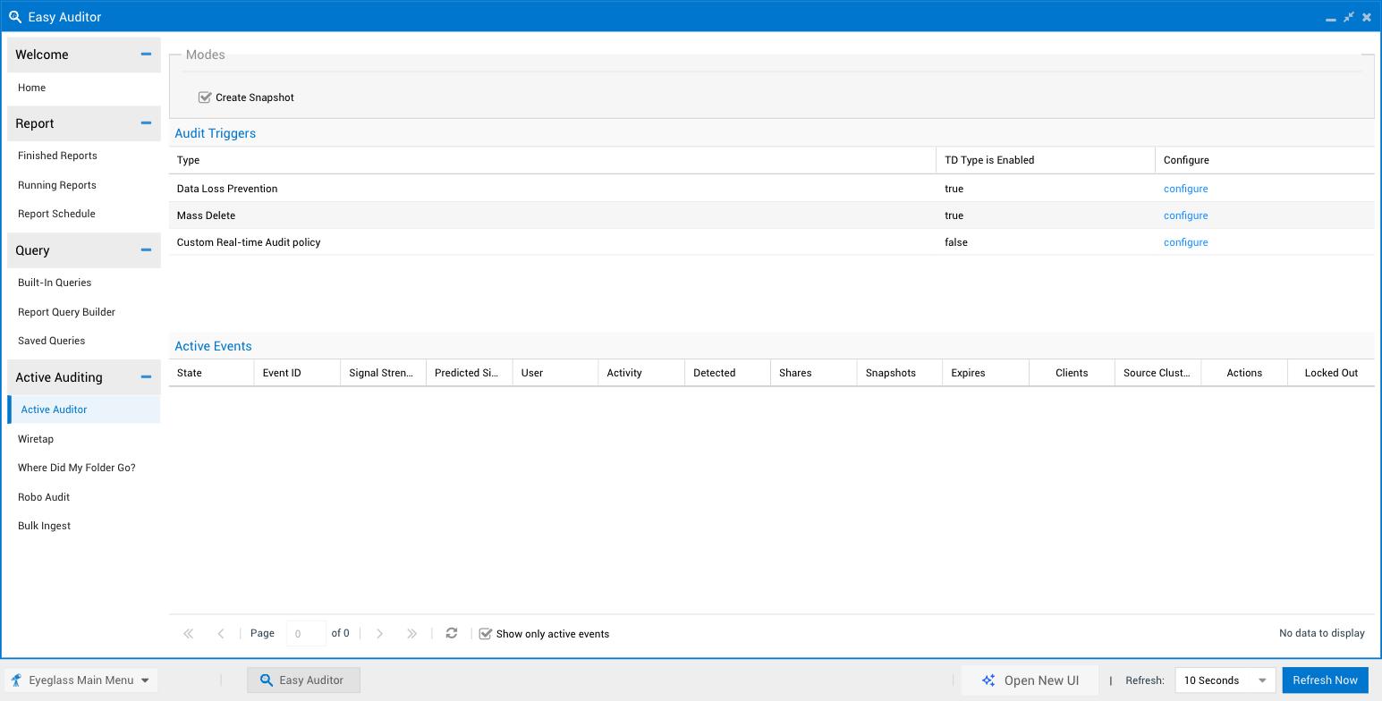 Legacy Easy Auditor Active Auditing section, showing Modes and Create Snapshot controls, an Audit Triggers table with Data Loss Prevention, Mass Delete, and Custom Real-time Audit policy rows, and an Active Events table