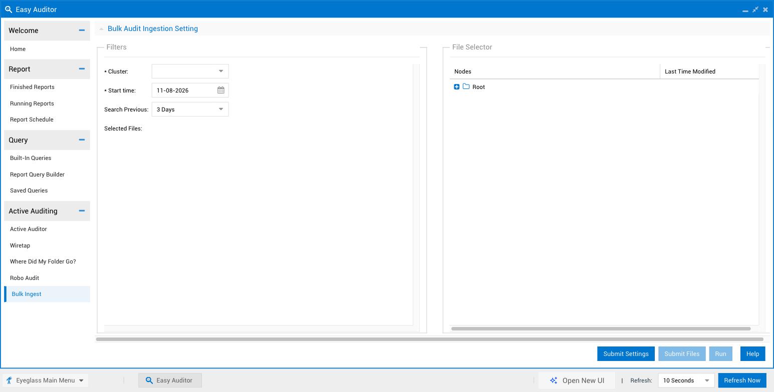Legacy Easy Auditor window, Bulk Ingest tab, showing a Bulk Audit Ingestion Setting form with Cluster, Start time, and Search Previous fields, and an empty File Selector tree