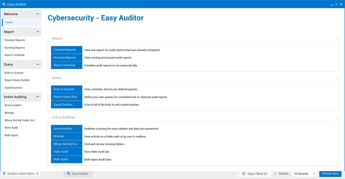 Legacy Easy Auditor window Home screen, showing Report (Finished Reports, Running Reports, Report Schedule), Query (Built-In Queries, Report Query Builder, Saved Queries), and Active Auditing (Active Auditor, Wiretap, Where Did My Folder Go?, Robo Audit, Bulk Ingest) sections