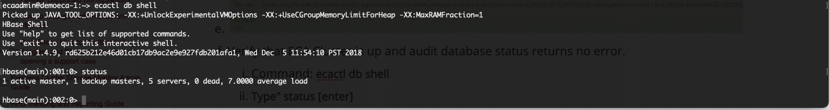 ecactl db shell session confirming a healthy HBase status