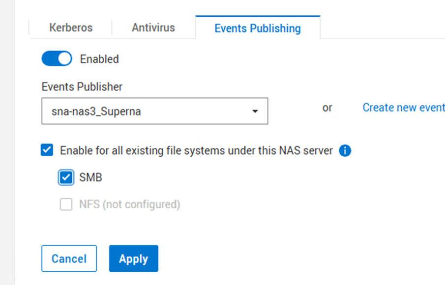 Enabling Events Publishing with checkbox options