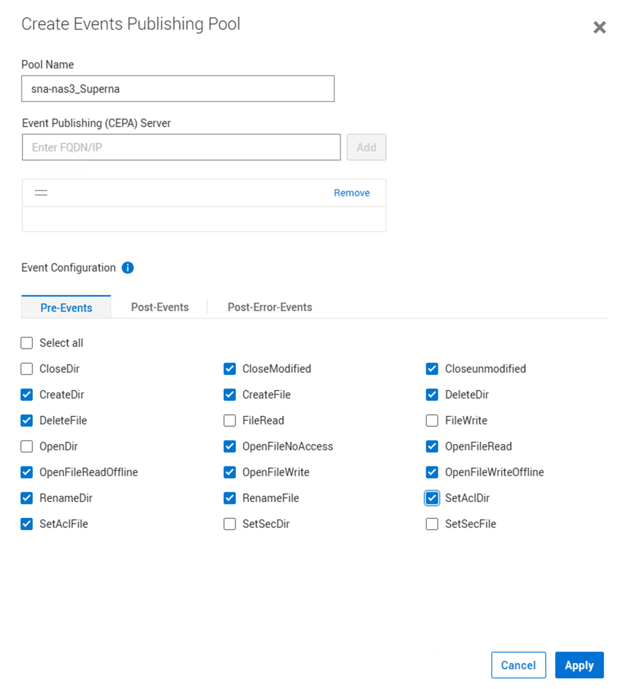 Events Publishing Pool configuration screen with event selection