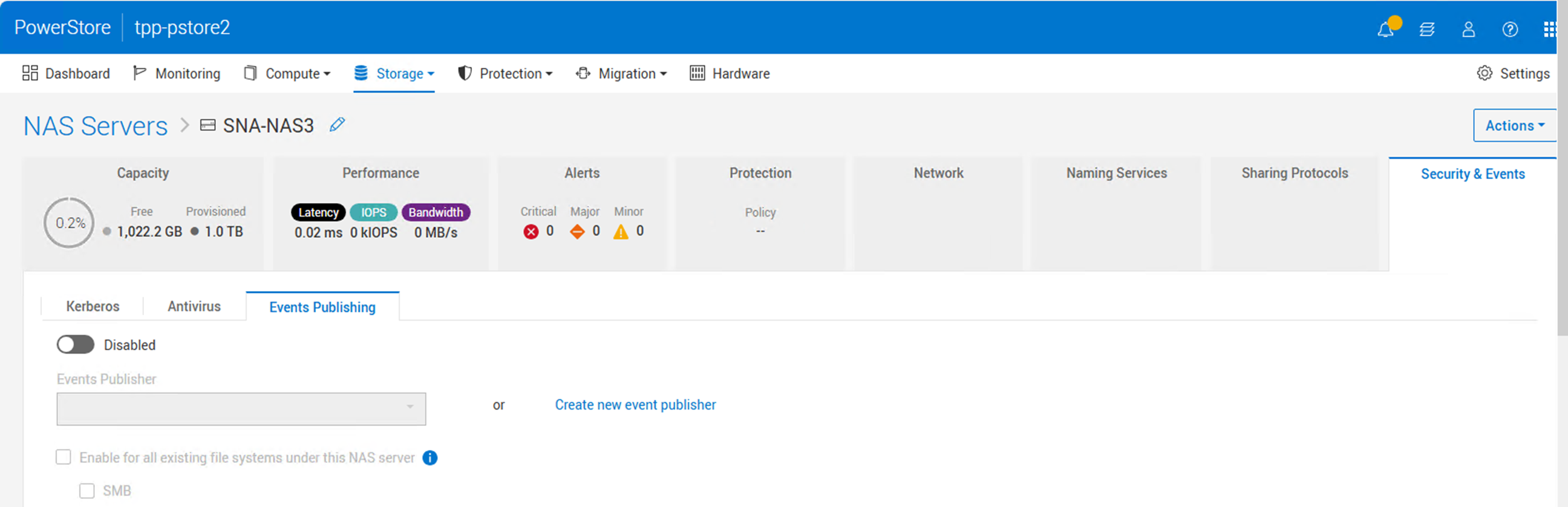 Events Publishing tab selection in Security settings