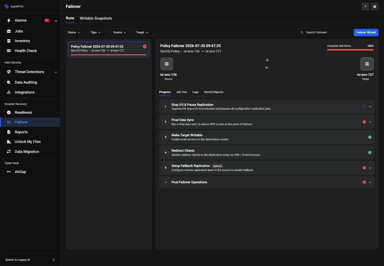 Redesigned Failover page, Runs tab, showing the consolidated left-hand navigation, a running policy failover job, and its Job Tree progress panel