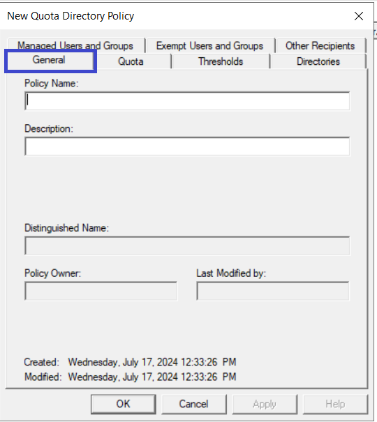 General tab in new policy dialog box