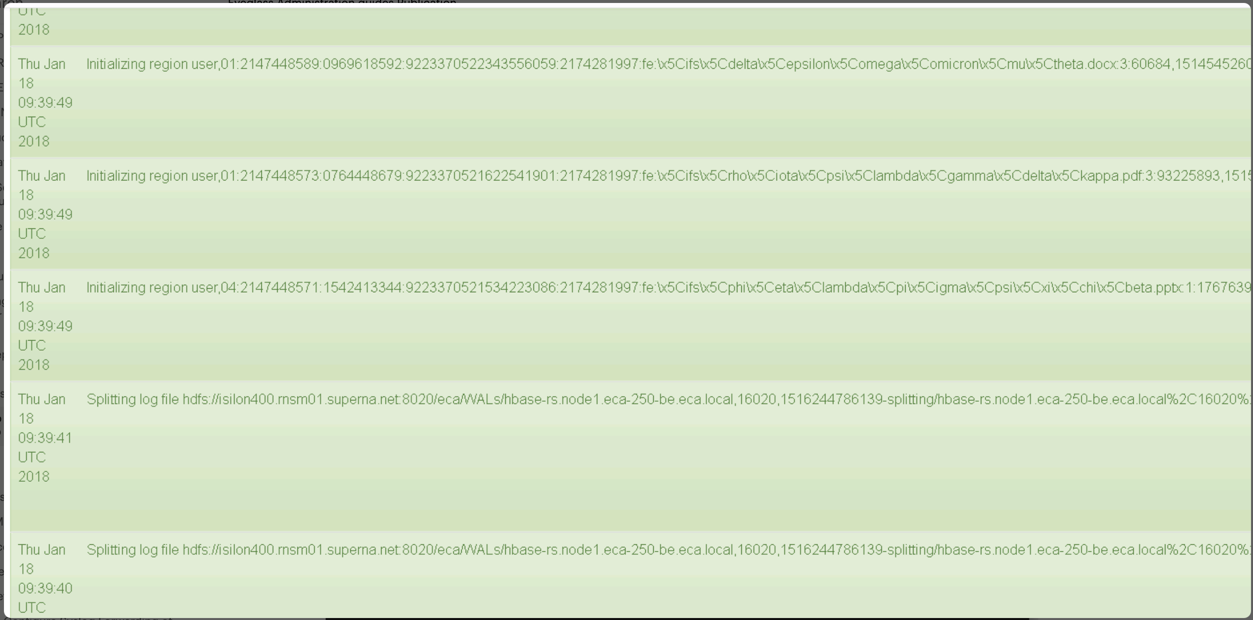 HBase Region Server GUI logs showing WAL splitting and region initialization