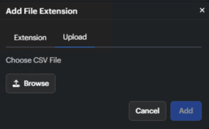 Screenshot of the Add Extension dialog with CSV upload option