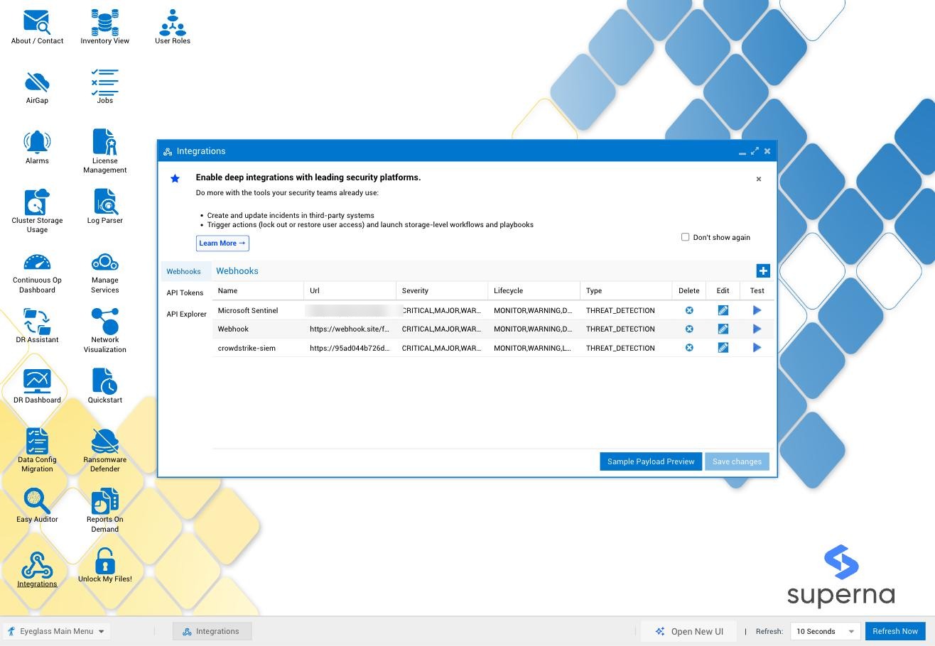 Legacy Integrations window, Webhooks tab, showing a table of three configured webhooks — Microsoft Sentinel, Webhook, and crowdstrike-siem — with Name, Url, Severity, Lifecycle, Type, Delete, Edit, and Test columns