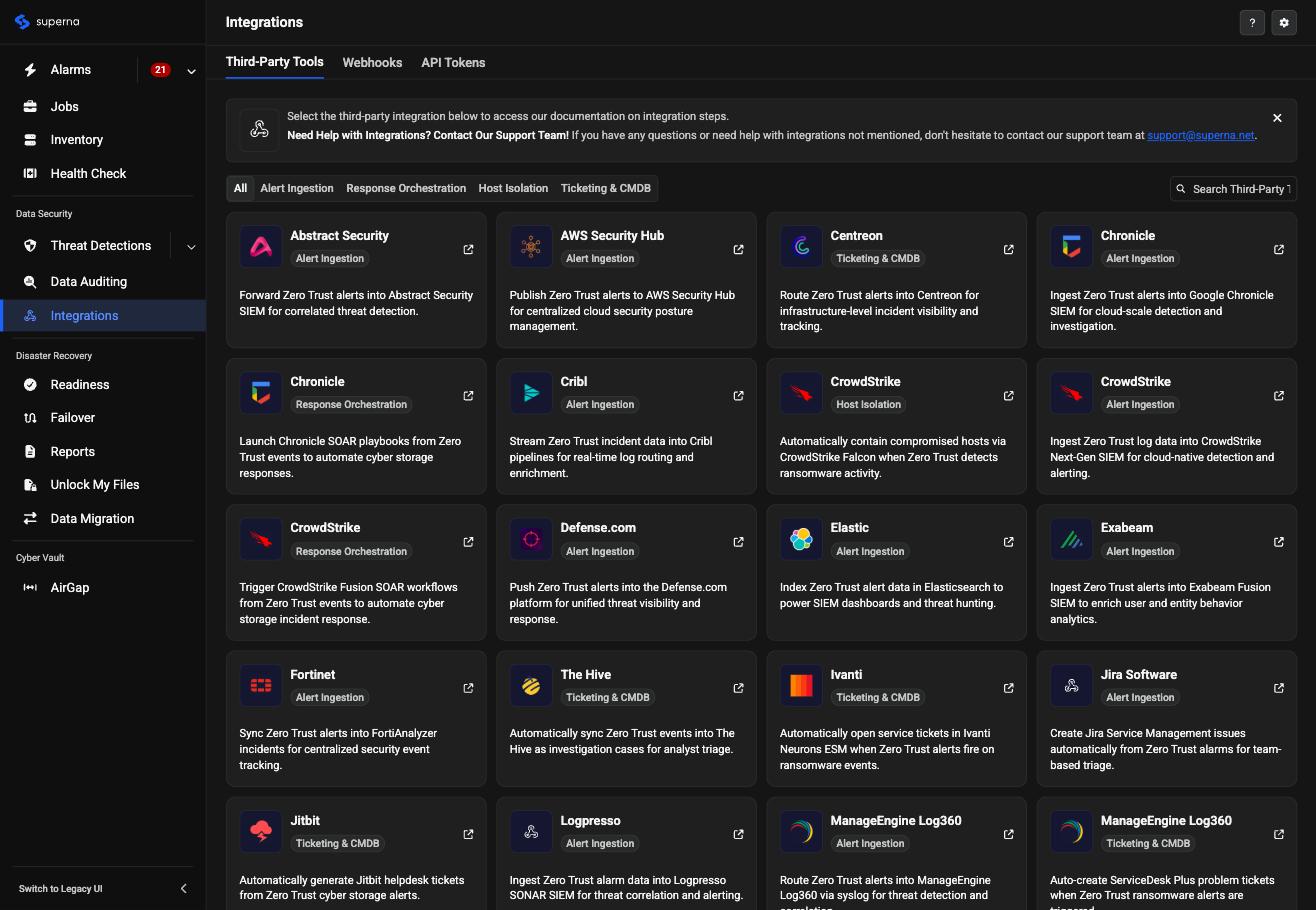 Integrations page, Third-Party Tools tab, showing a filterable catalog of pre-built integration cards (Abstract Security, AWS Security Hub, Centreon, CrowdStrike, Elastic, Jira Software, and others), each tagged by category such as Alert Ingestion, Response Orchestration, Host Isolation, or Ticketing &amp; CMDB