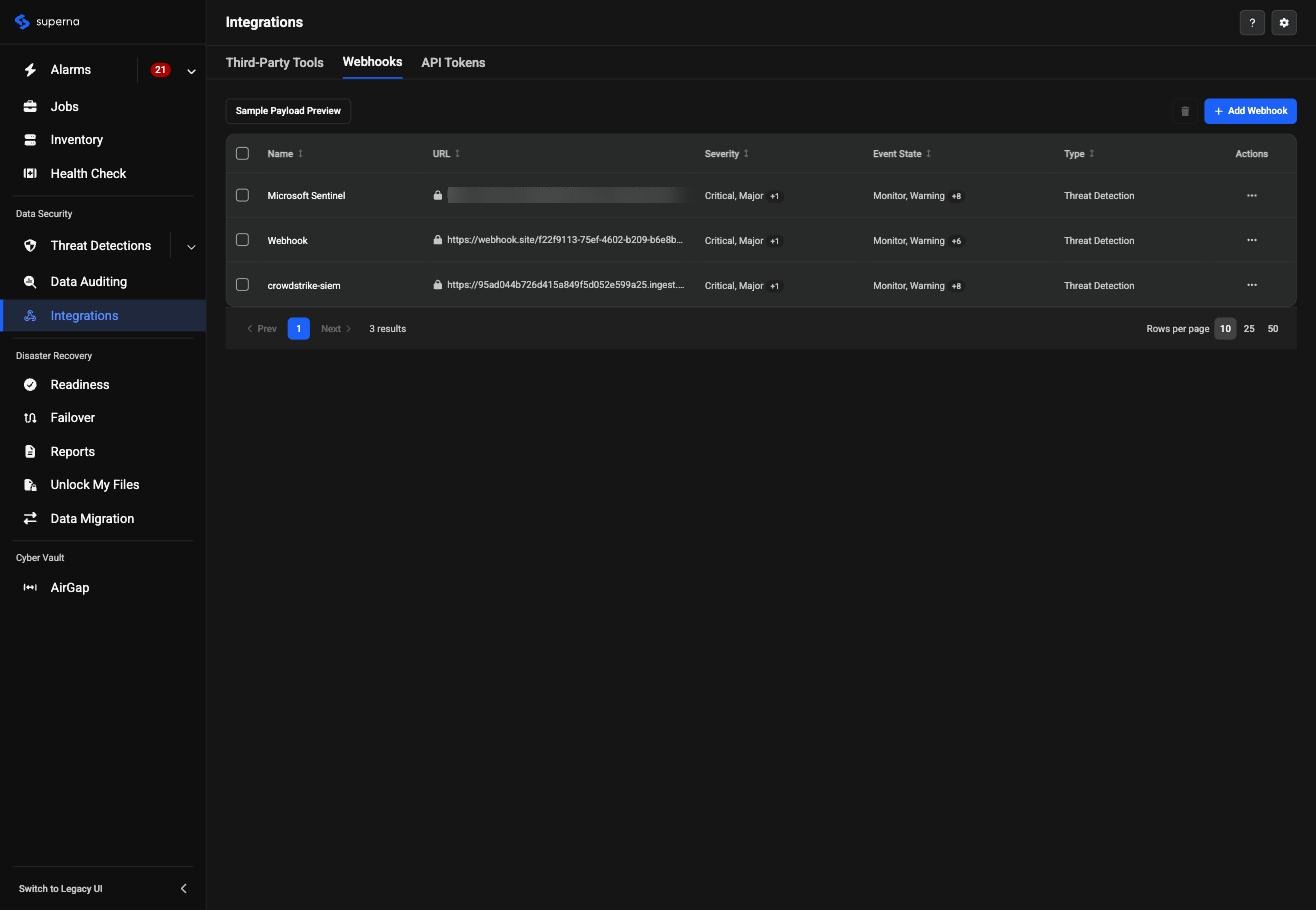 Redesigned Integrations page, Webhooks tab, showing the same three configured webhooks — Microsoft Sentinel, Webhook, and crowdstrike-siem — with Name, URL, Severity, Event State, Type, and Actions columns