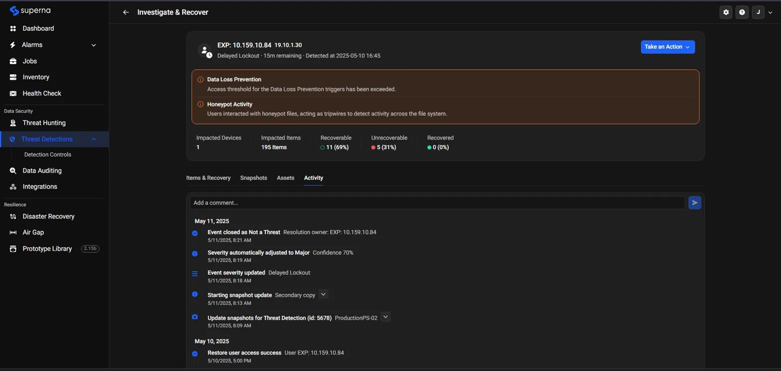 Redesigned Investigate & Recover page for a Delayed Lockout event, showing the triggering threat categories, Impacted Devices/Items/Recoverable/Unrecoverable/Recovered summary counters, a Take an Action button, and the Activity Log tab showing a timestamped event history