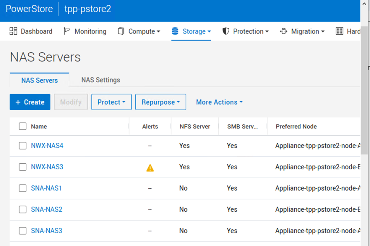 Dell PowerStore interface showing NAS Servers menu selection