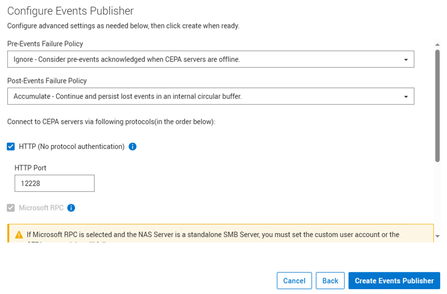 Publisher creation settings with port configuration