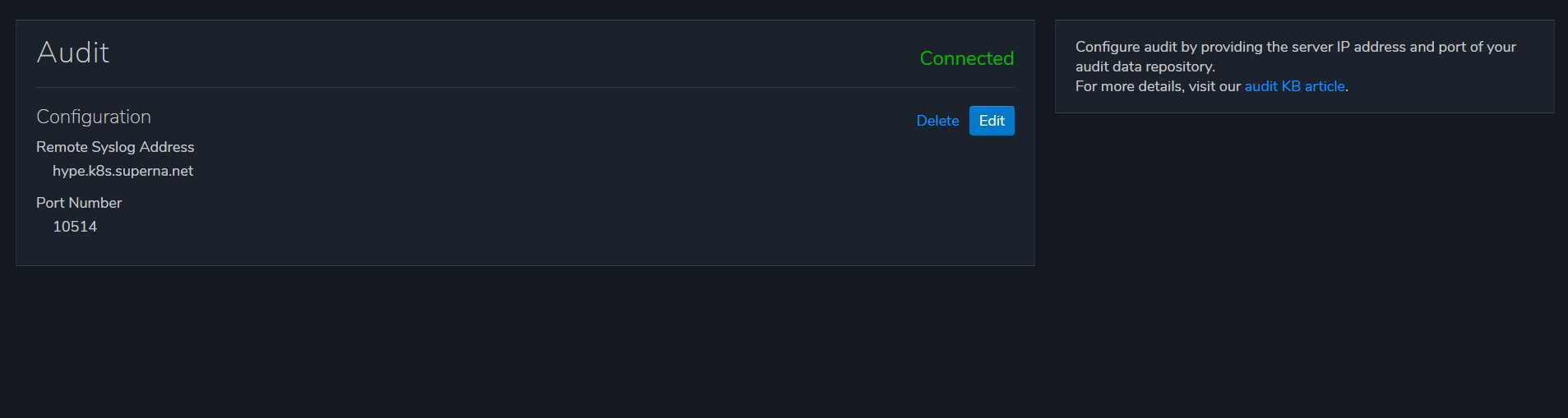 Qumulo audit configuration screen showing Connected status