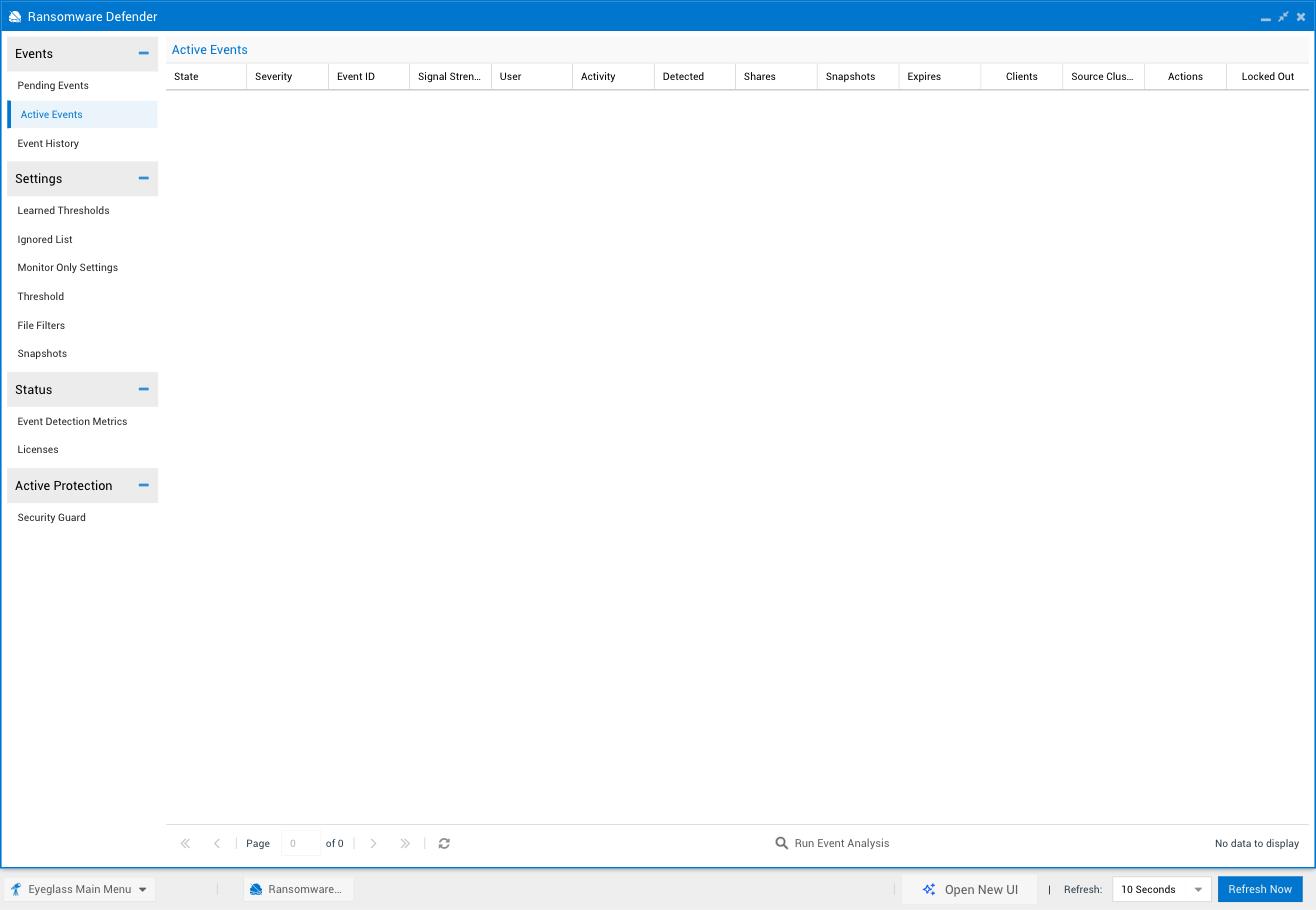 Legacy Ransomware Defender window, Active Events tab, showing State, Severity, Event ID, Signal Strength, User, Activity, Detected, Shares, Snapshots, Expires, Clients, Source Cluster, Actions, and Locked Out columns