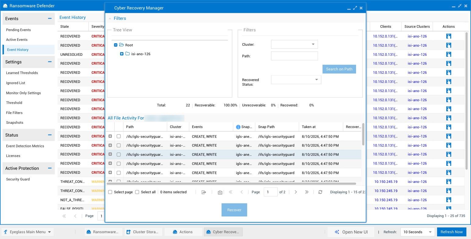 Legacy Ransomware Defender Cyber Recovery Manager dialog, showing a cluster Tree View, Filters panel, Total/Recoverable/Unrecoverable/Recovered summary percentages, and a file activity table with Path, Cluster, Events, Snap Path, and Taken At columns
