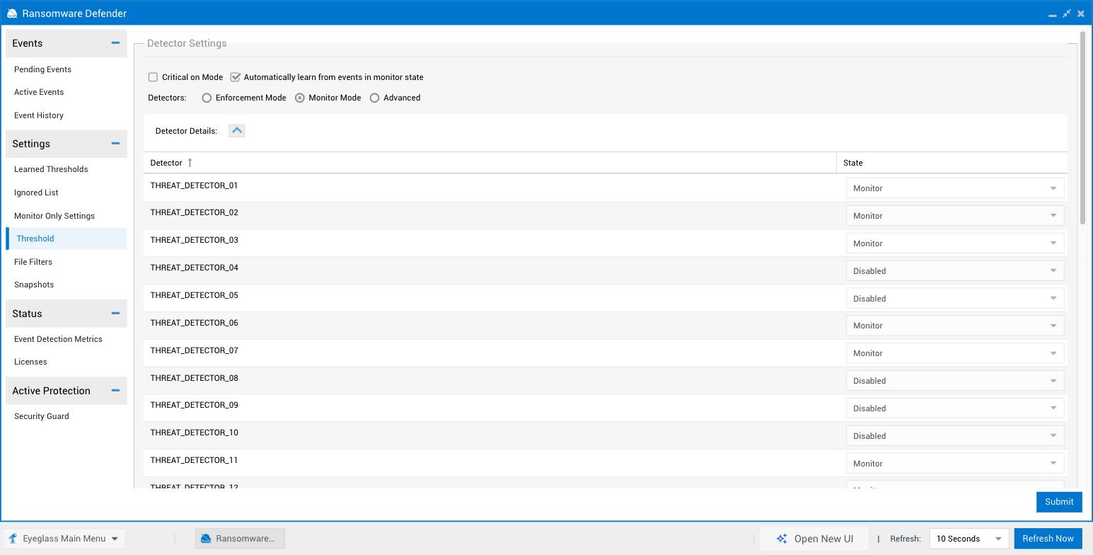 Legacy Ransomware Defender Settings, Threshold tab, expanded Detector Details table listing individual threat detectors with a State column set to Monitor or Disabled