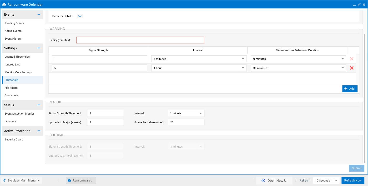 Legacy Ransomware Defender Settings, Threshold tab, showing Warning-level Signal Strength/Interval/Minimum User Behavior Duration rows, and Major- and Critical-level Signal Strength Threshold and Grace Period fields