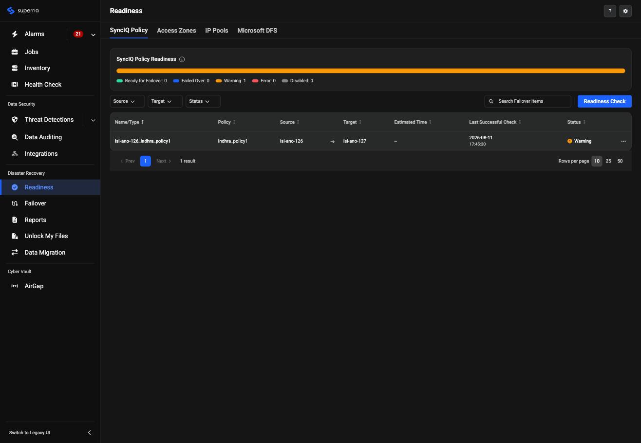 Redesigned Readiness page, SyncIQ Policy tab, showing the consolidated left-hand navigation, a status summary bar, and a policy readiness table
