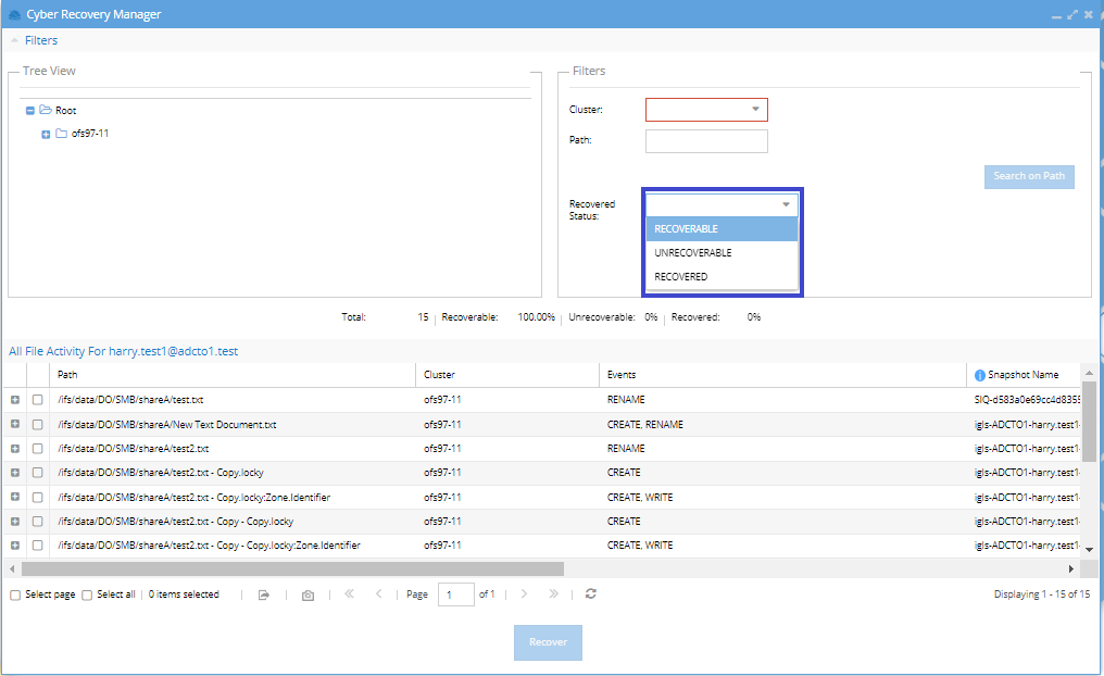 Recovered Status Filter Options in Recovery Manager